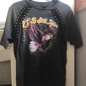 FOREVER 21 LACE UP SHOULDER GRAPHIC T SHIRT